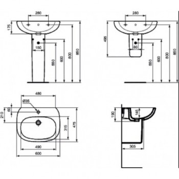 TESI lavabo con foro 60x47 bianco europa T351401 - Lavabi e colonne