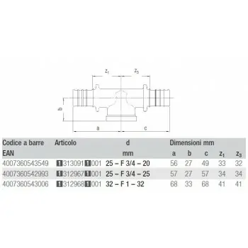Rautitan Lx+G raccordo "Tee" D25X3/4"Fx25 13129671001 - Meccanici per multistrato