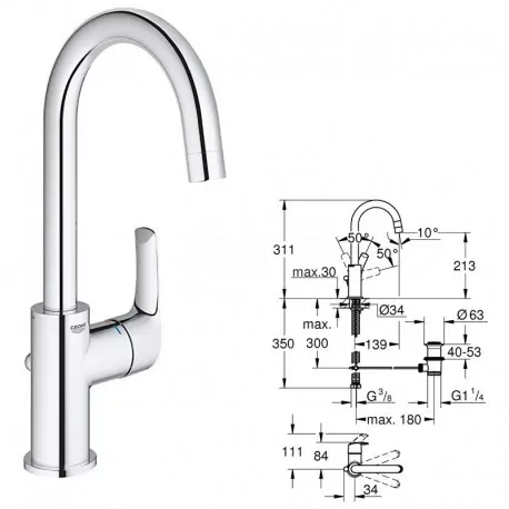 Miscelatore rubinetto Monocomando per Lavabo, Contemporary, Cromo, L 23537002