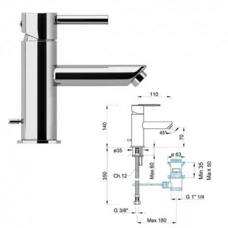 Miscelatore rubinetto lavabo con scarico cromo BTECSCLA01