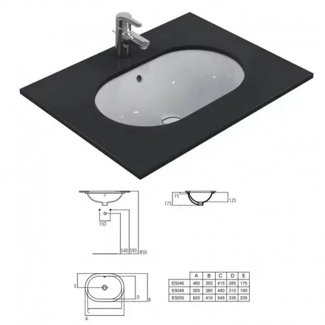 CONNECT lavabo ovale da incasso sottopiano totale 62 cm, con troppopieno, colore bianco E505001