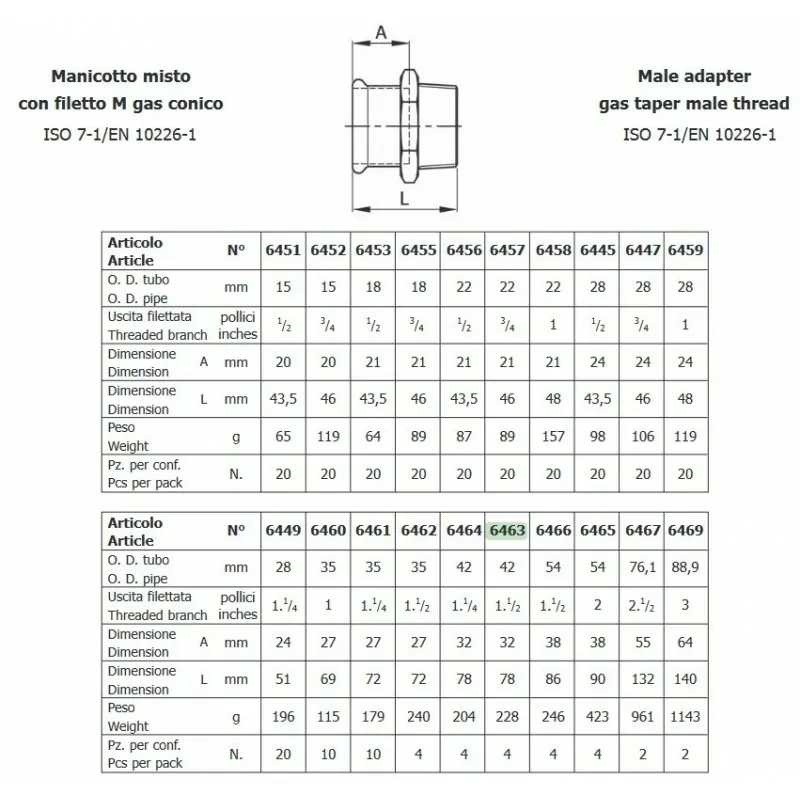 MANICOTTO 6463 42x1 1/2 M.F. INOX 6463 6463 - A pressare inox per acqua