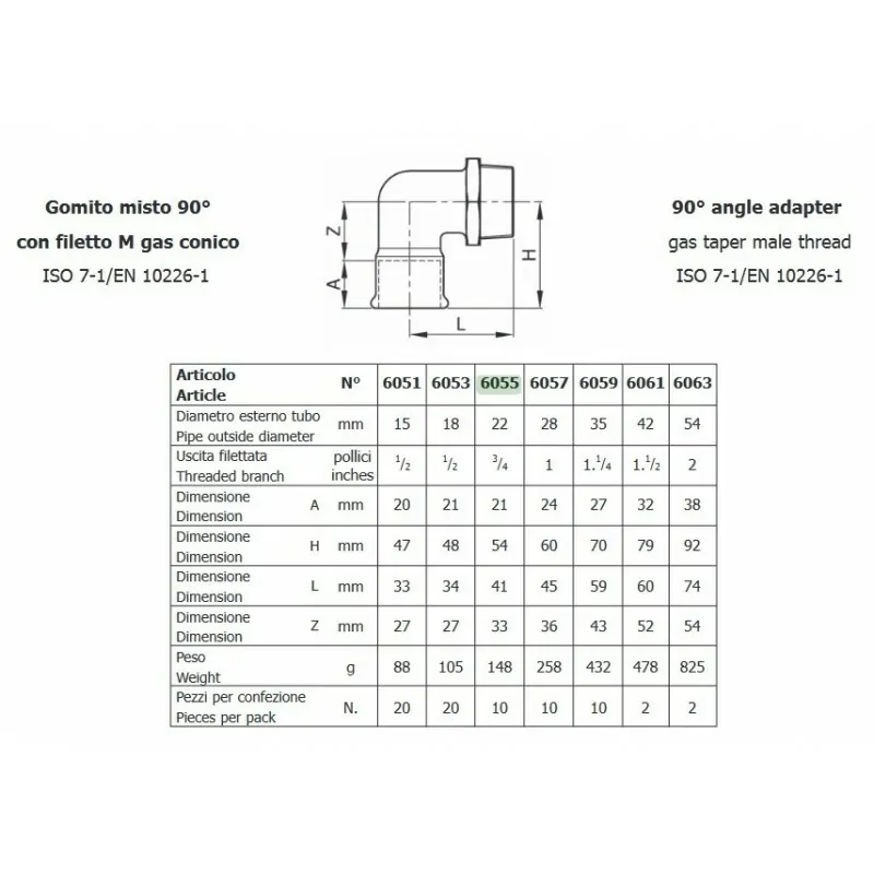 GOMITO 90° 6055 22x3/4 M.F. INOX 6055 6055 - A pressare inox per acqua