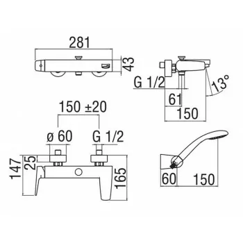 NOBI miscelatore monocomando esterno per vasca, con deviatore, doccetta, supporto doccetta e flessibile 150 cm, finitura crom...