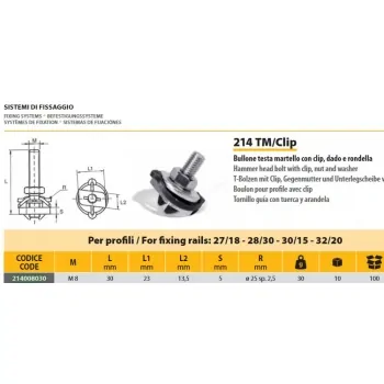 214 TM/CLIP BULLONE M8x30 PROF. - Bullone testa martello RM 214 TM/Clip M.8x30 ZB completo di dado e rondella 214008030 - Col...